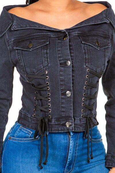 American Bazi Off Shoulder Lace Up Denim Jacket - Hovatok