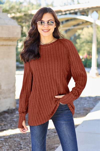 Basic Bae Full Size Ribbed Round Neck Long Sleeve Knit Top - Hovatok
