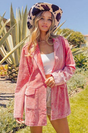BiBi Ribbed Button Up Long Sleeve Blazer - Hovatok