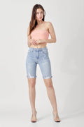 RISEN High Rise Distressed Denim Bermuda Shorts - Hovatok