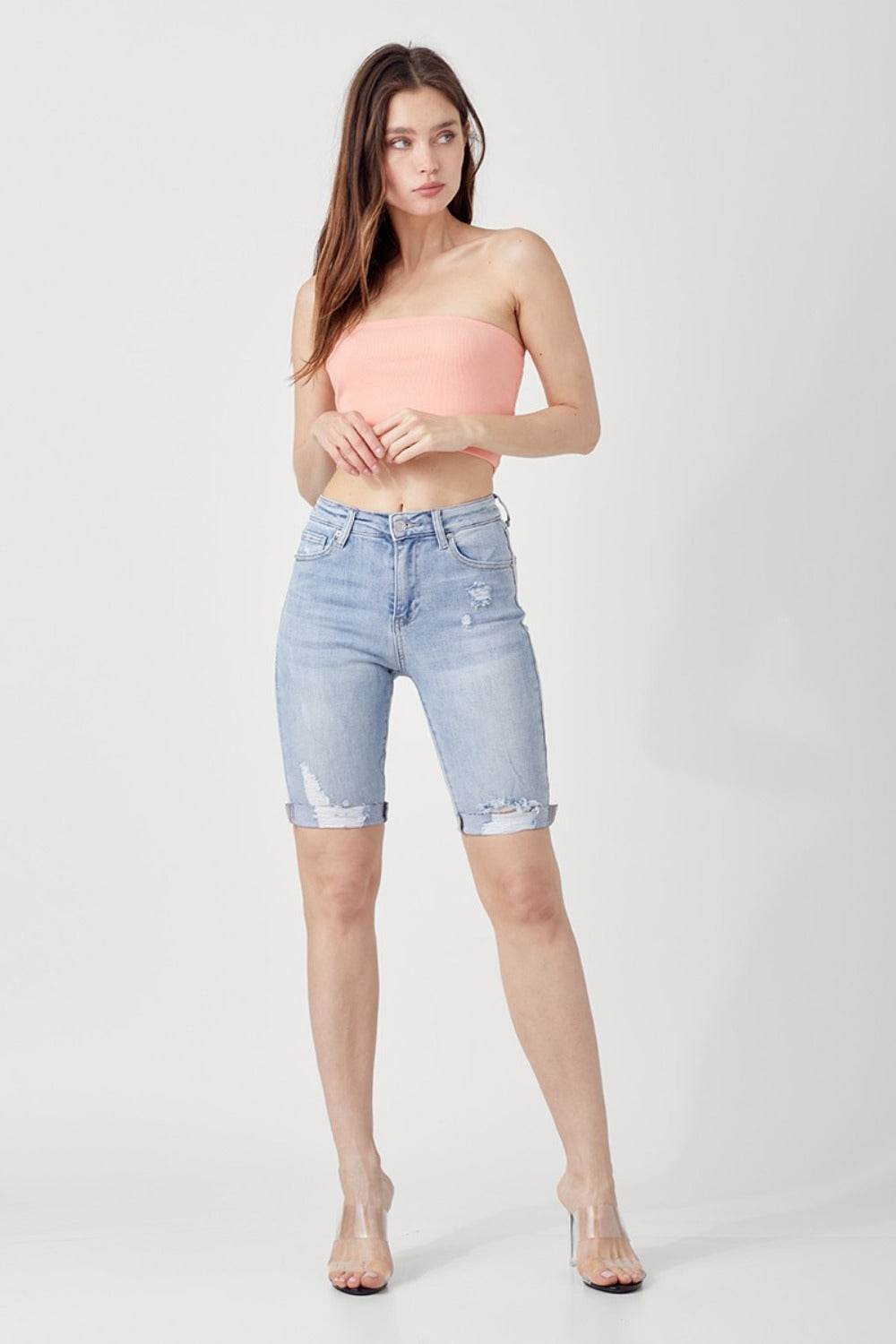 RISEN High Rise Distressed Denim Bermuda Shorts - Hovatok