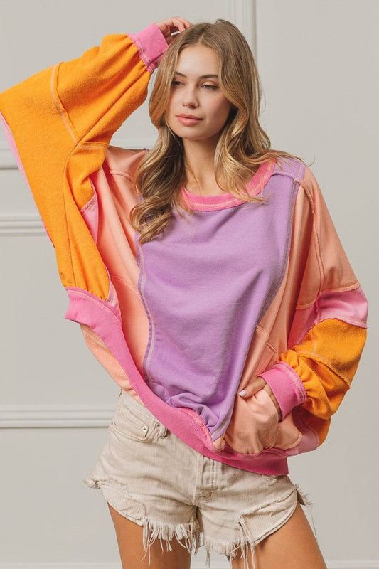 BiBi Color Block Exposed Seam Sweatshirt with Pockets - Hovatok
