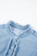 Button Down Raw Hem Ruffled Denim Shirt - Hovatok