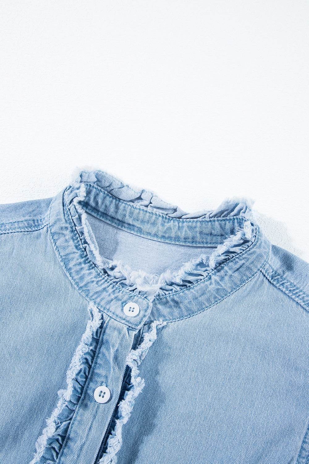 Button Down Raw Hem Ruffled Denim Shirt - Hovatok