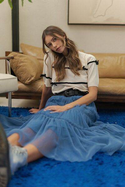 Annie Wear Striped Bow Round Neck Knit Top - Hovatok