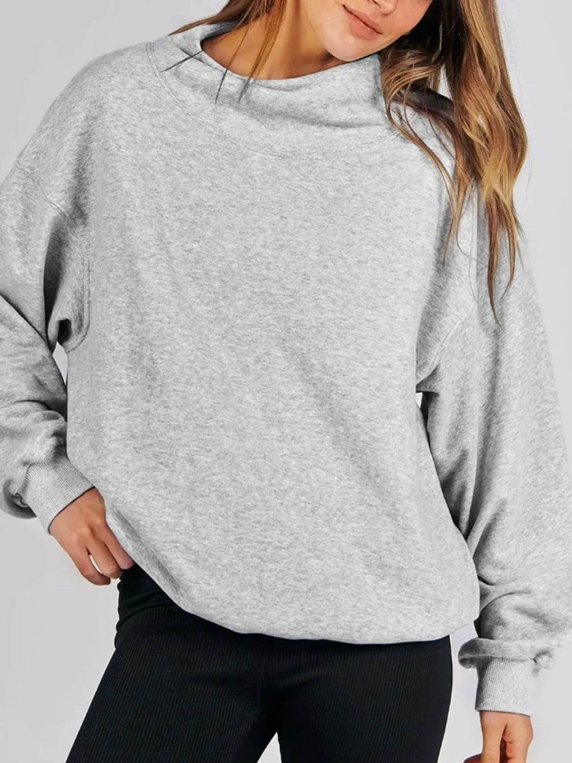 Mock Neck Drop Shoulder Long Sleeve Sweatshirt - Hovatok