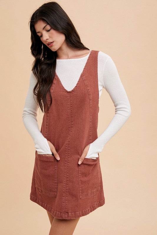 Annie Wear V-Neck Adjustable Strap Denim Overall Dress with Pockets - Hovatok