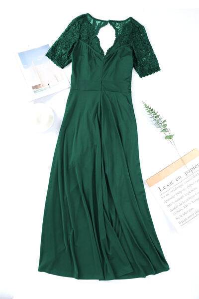 Lace Cutout V-Neck Short Sleeve Dress - Hovatok