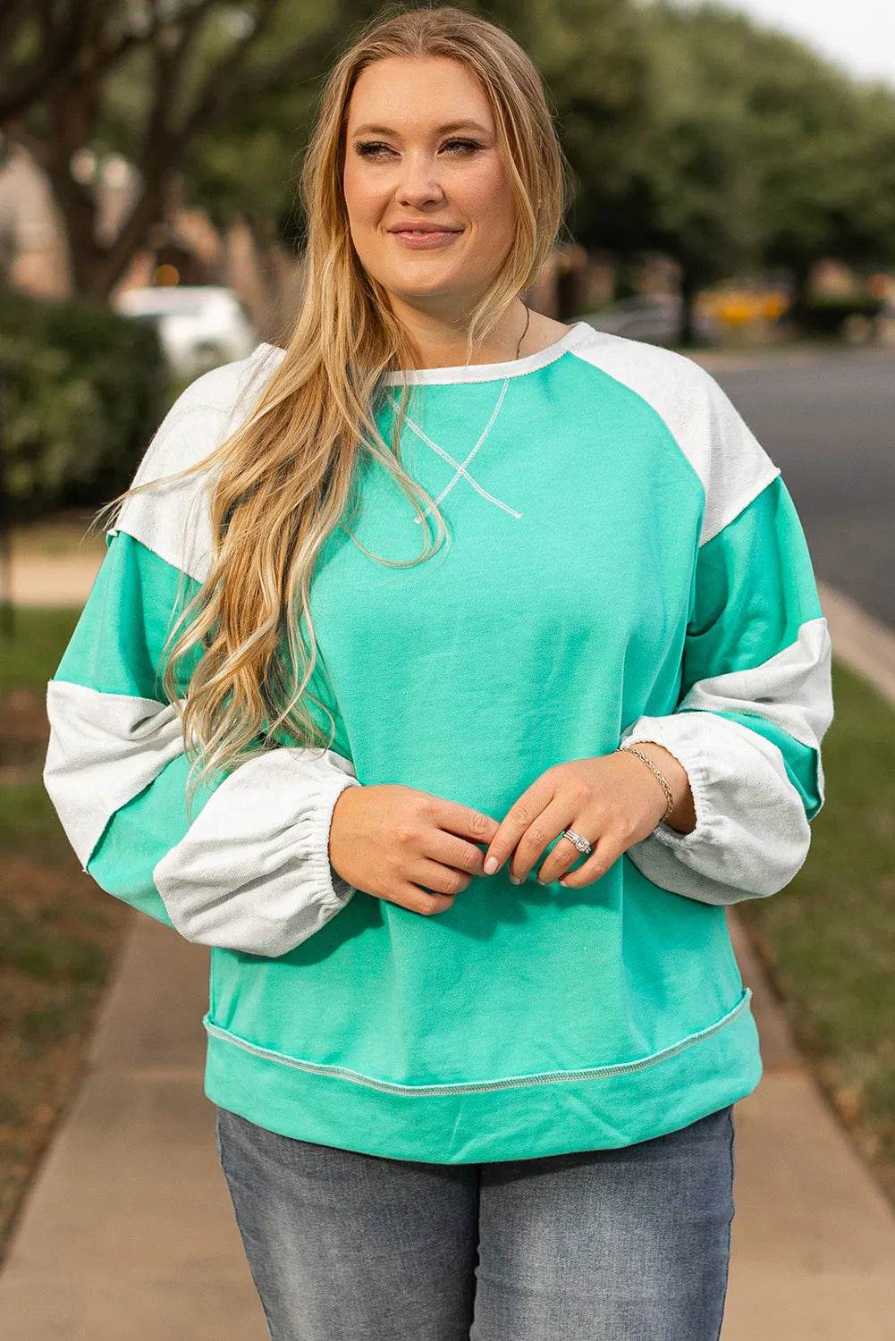 Plus Size Exposed Seam Color Block Long Sleeve Sweatshirt - Hovatok