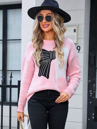 Angel Wings Bow Round Neck Dropped Shoulder Sweater - Hovatok