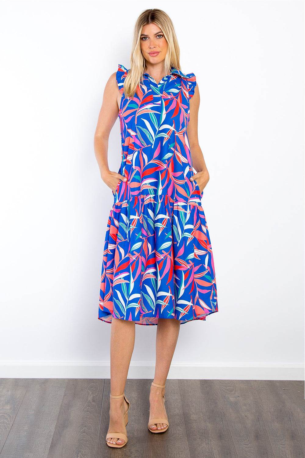 Be Stage Print Ruffled Midi Dress with Pockets - Hovatok