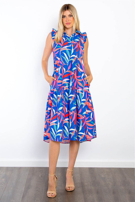 Be Stage Print Ruffled Midi Dress with Pockets - Hovatok