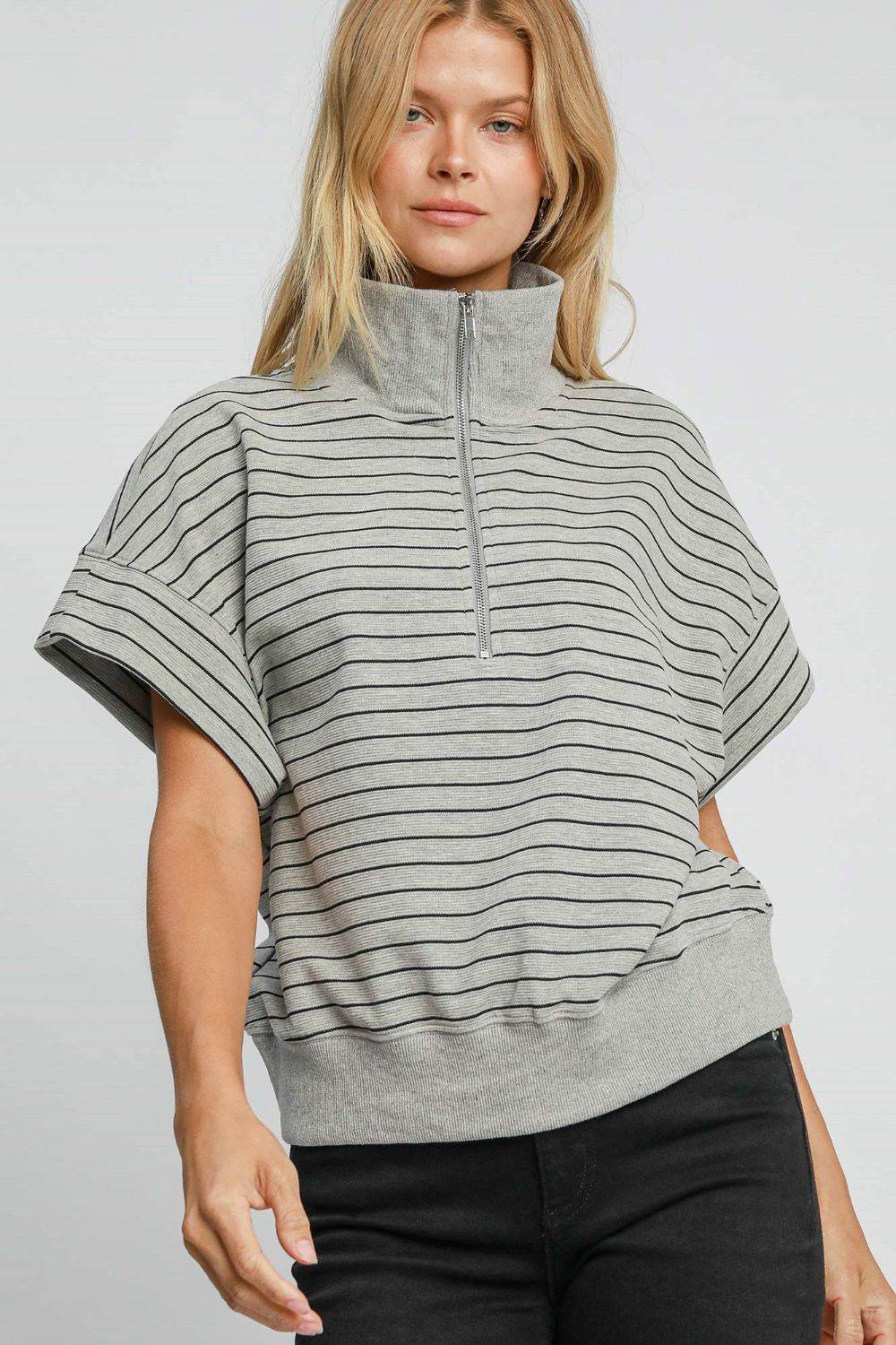Umgee Striped Half Zip Short Sleeve Sweatshirt - Hovatok