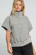 Umgee Striped Half Zip Short Sleeve Sweatshirt - Hovatok