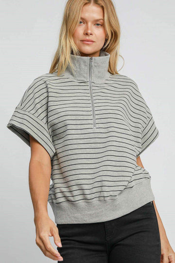 Umgee Striped Half Zip Short Sleeve Sweatshirt - Hovatok