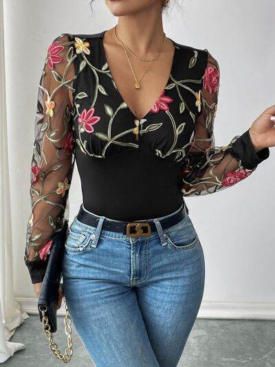 Perfee Embroidered V-Neck Long Sleeve Bodysuit - Hovatok