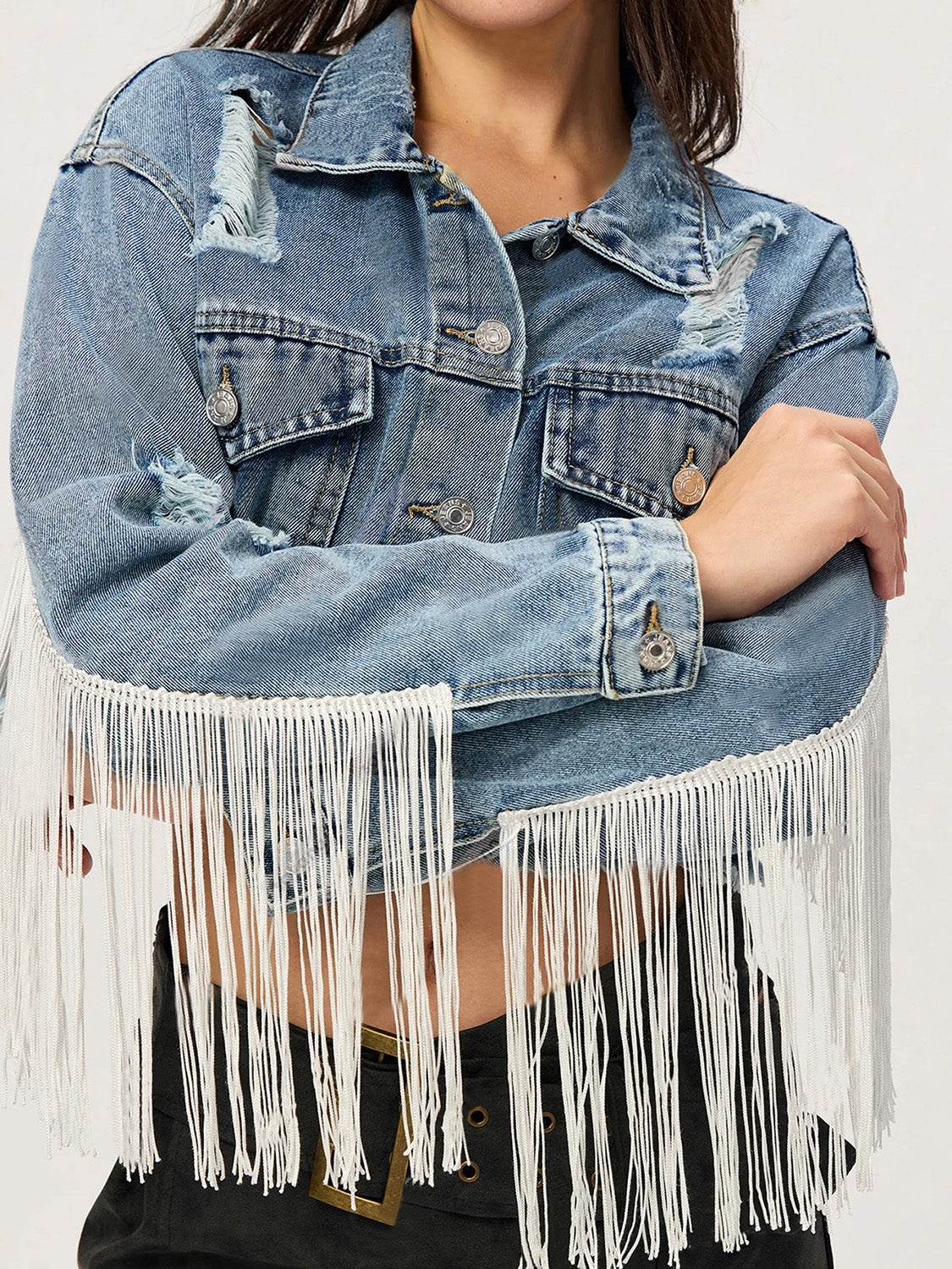 Distressed Fringe Collared Neck Cropped Denim Top - Hovatok