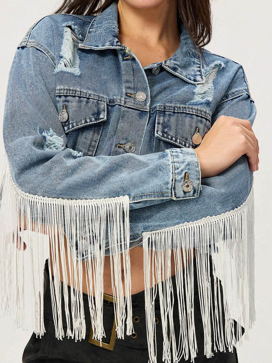 Distressed Fringe Collared Neck Cropped Denim Top - Hovatok