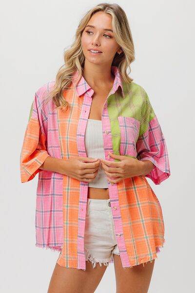 BiBi Plaid Collared Neck Half Sleeve Shirt - Hovatok