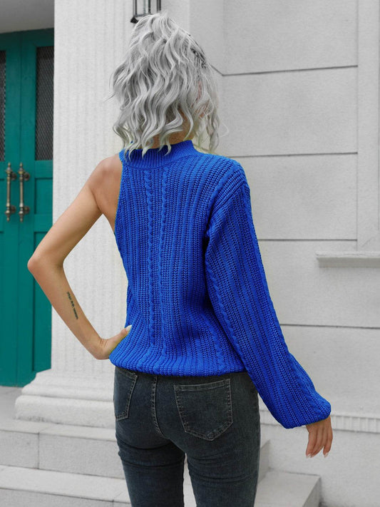 Cable-Knit Round Neck Asymmetrical Sweater - Hovatok