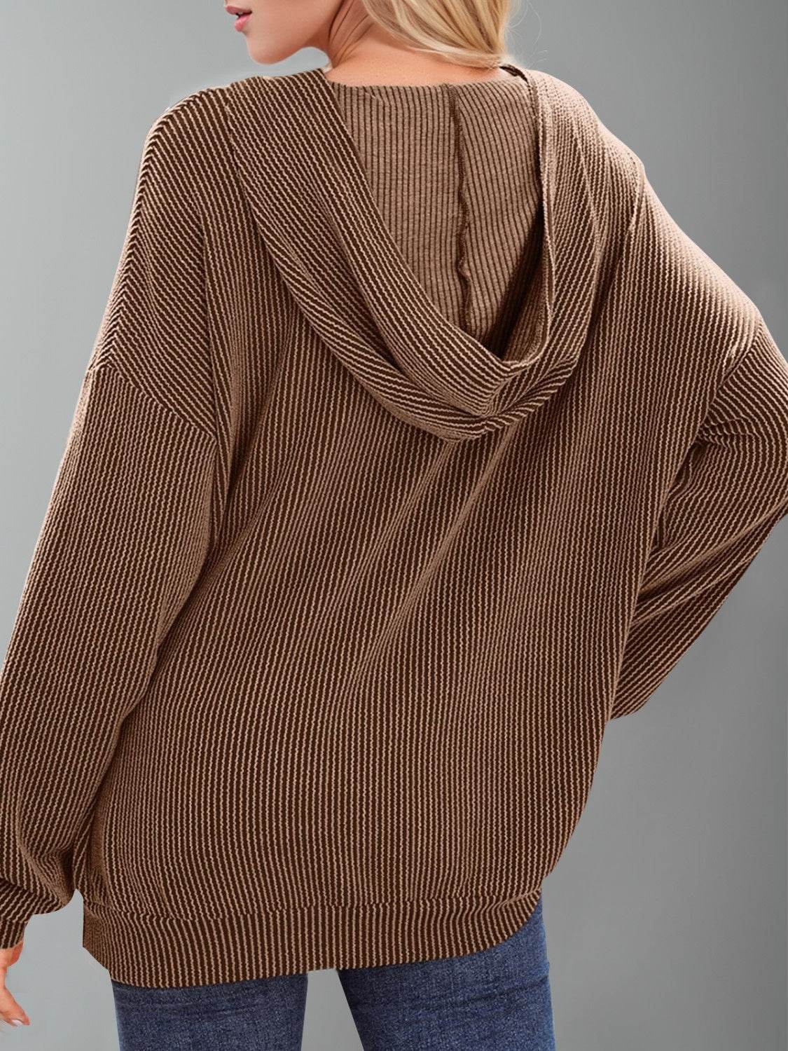 Double Take Textured Kangaroo Pocket Long Sleeve Hoodie - Hovatok