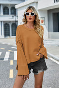 High-Low Slit Round Neck Long Sleeve Sweater - Hovatok