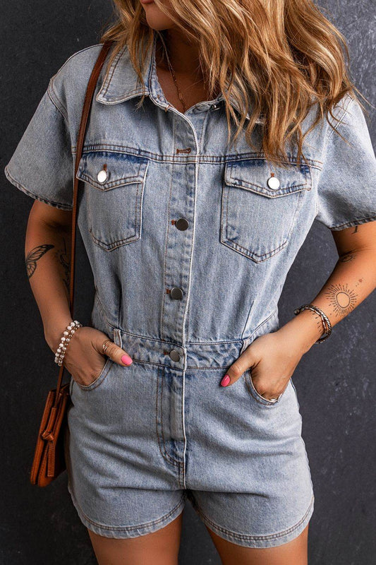 Washed Button Down Pocketed Denim Romper - Hovatok