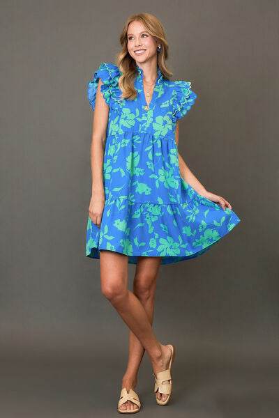 Umgee Full Size Two Tone Floral Print Ruffle Cap Sleeve Mini Dress Plus Size - Hovatok