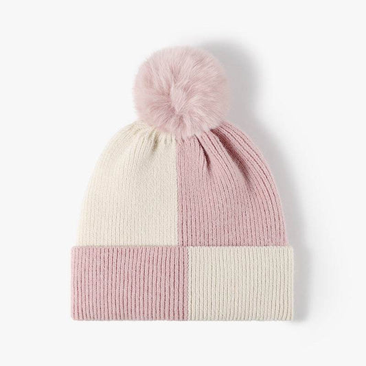 Color Block Knit Hat with Pom-pom - Hovatok