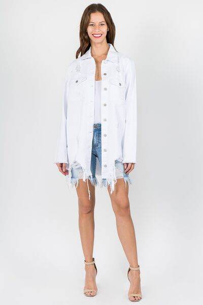 American Bazi Distressed Frayed Hem Denim Jacket - Hovatok