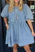 Bowknot Round Neck Half Sleeve Denim Dress - Hovatok