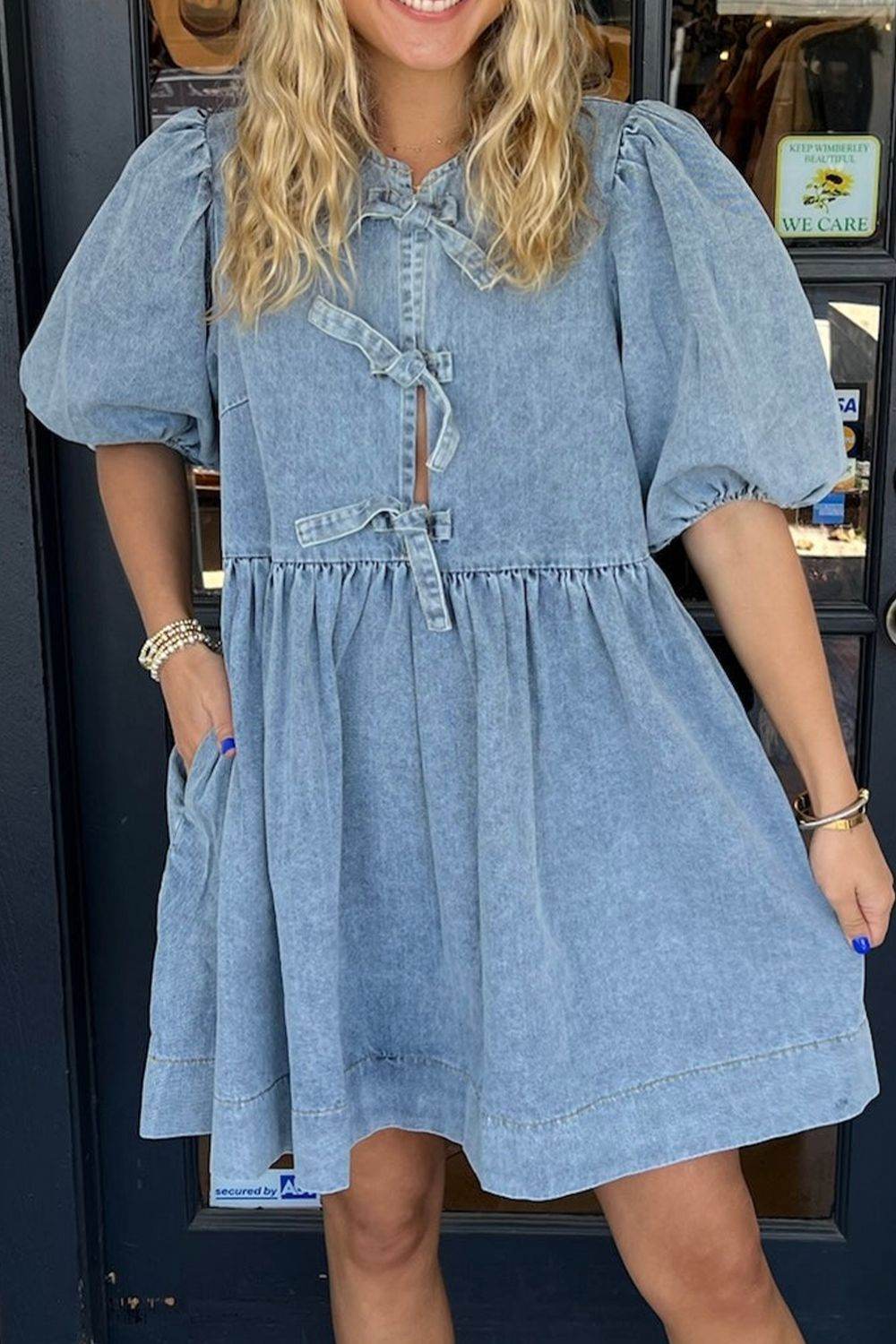 Bowknot Round Neck Half Sleeve Denim Dress - Hovatok
