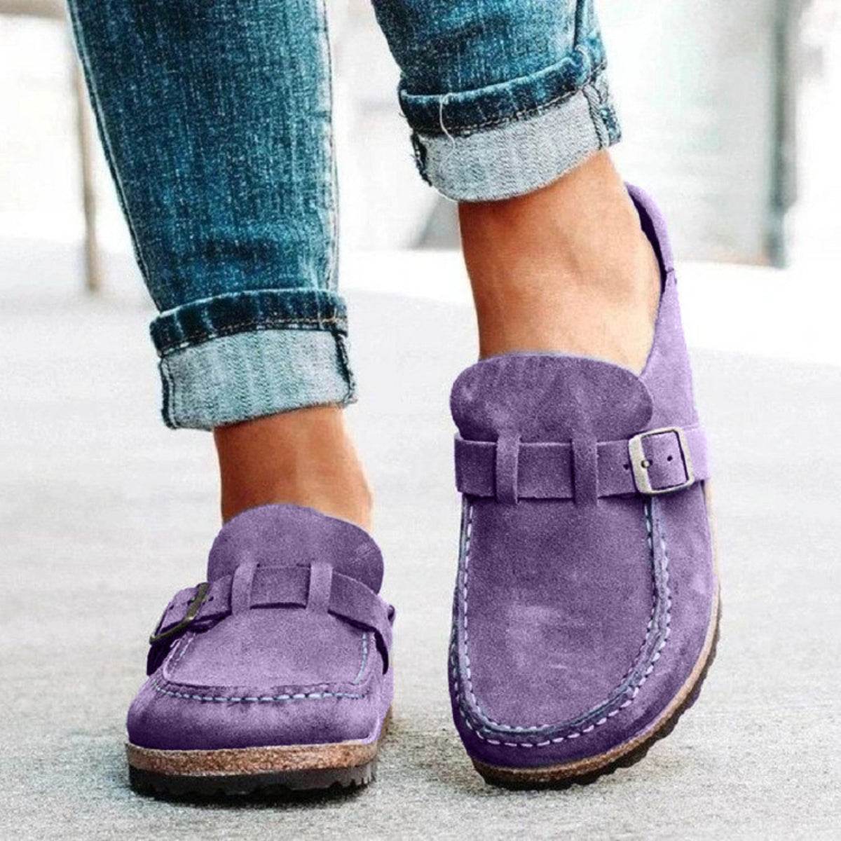 Round Toe Low Heel Buckle Loafers - Hovatok