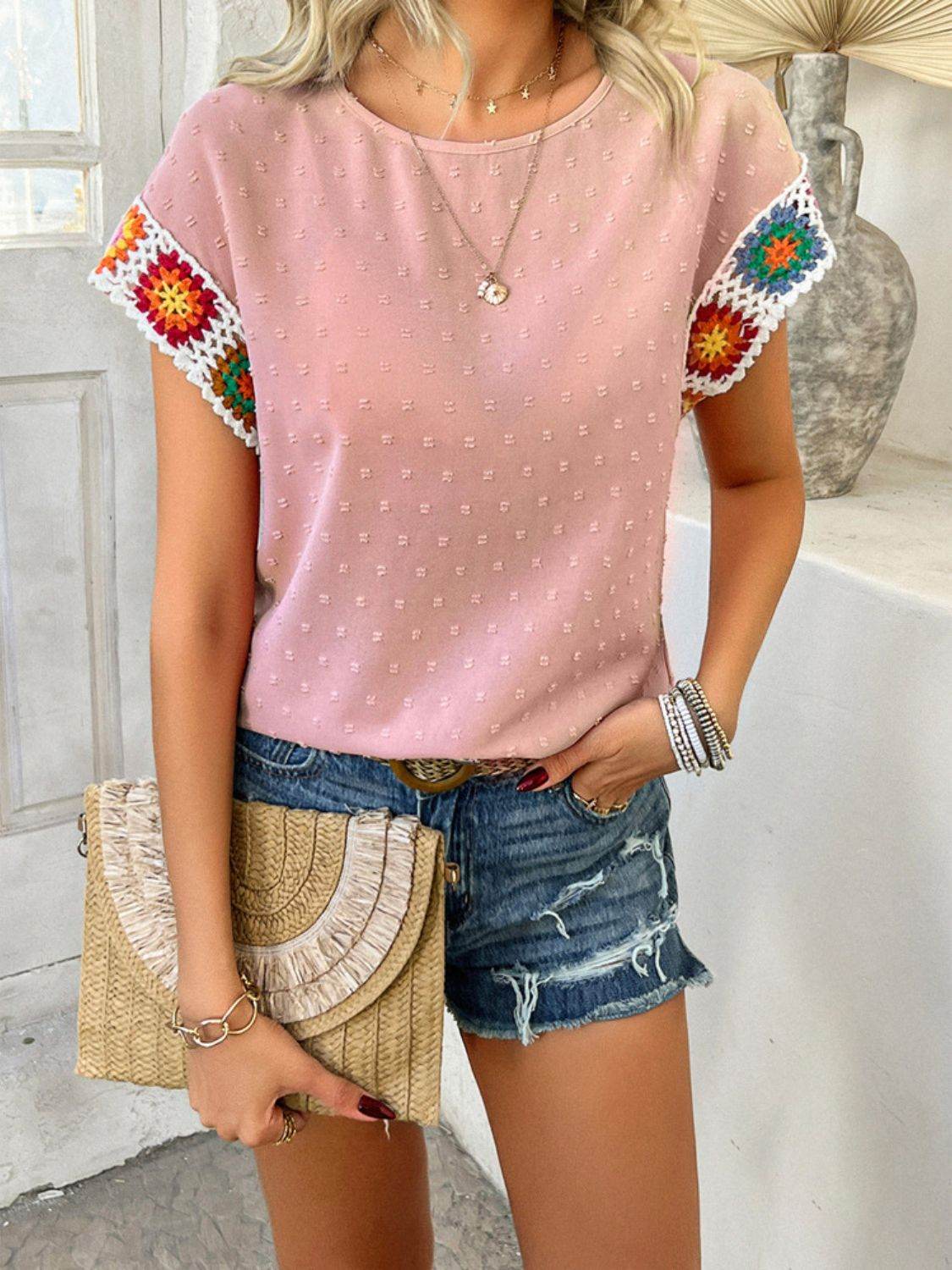 Devine Swiss Dot Round Neck Crochet Short Sleeve Top - Hovatok