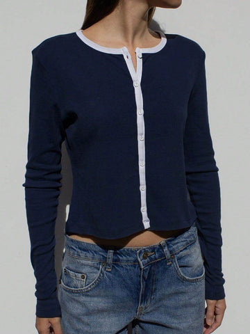 Devine Button Down Contrast Trim Round Neck Long Sleeve Shirt - Hovatok