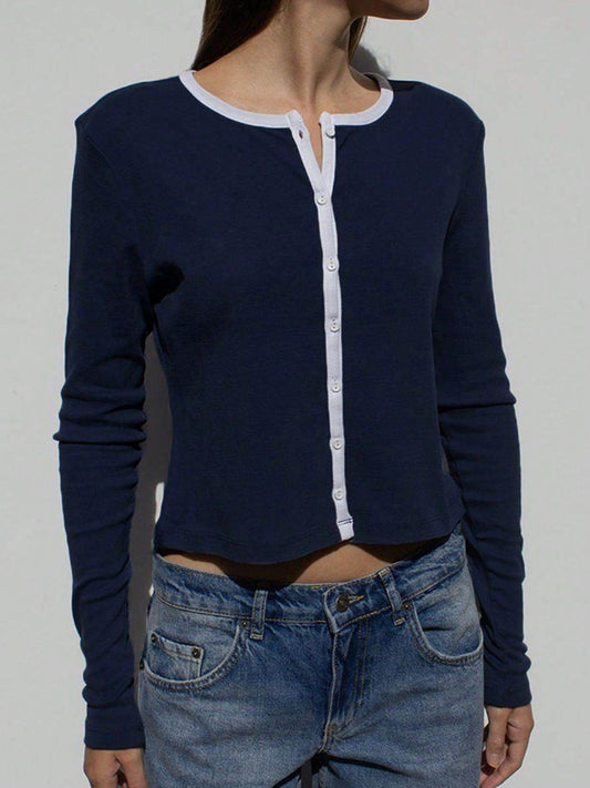 Devine Button Down Contrast Trim Round Neck Long Sleeve Shirt - Hovatok