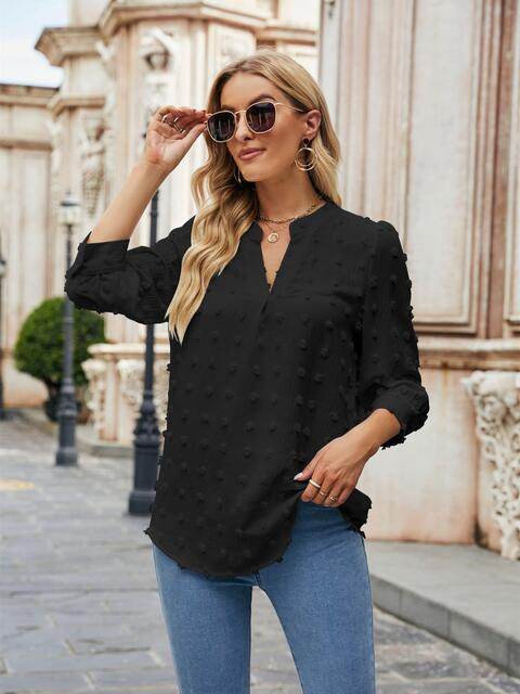 Swiss Dot Notched Neck Blouse - Hovatok
