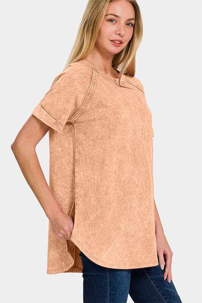 Zenana Heathered Round Neck Short Sleeve Top - Hovatok