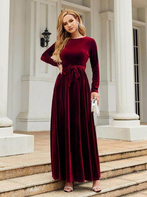 Tie Front Round Neck Long Sleeve Maxi Dress - Hovatok