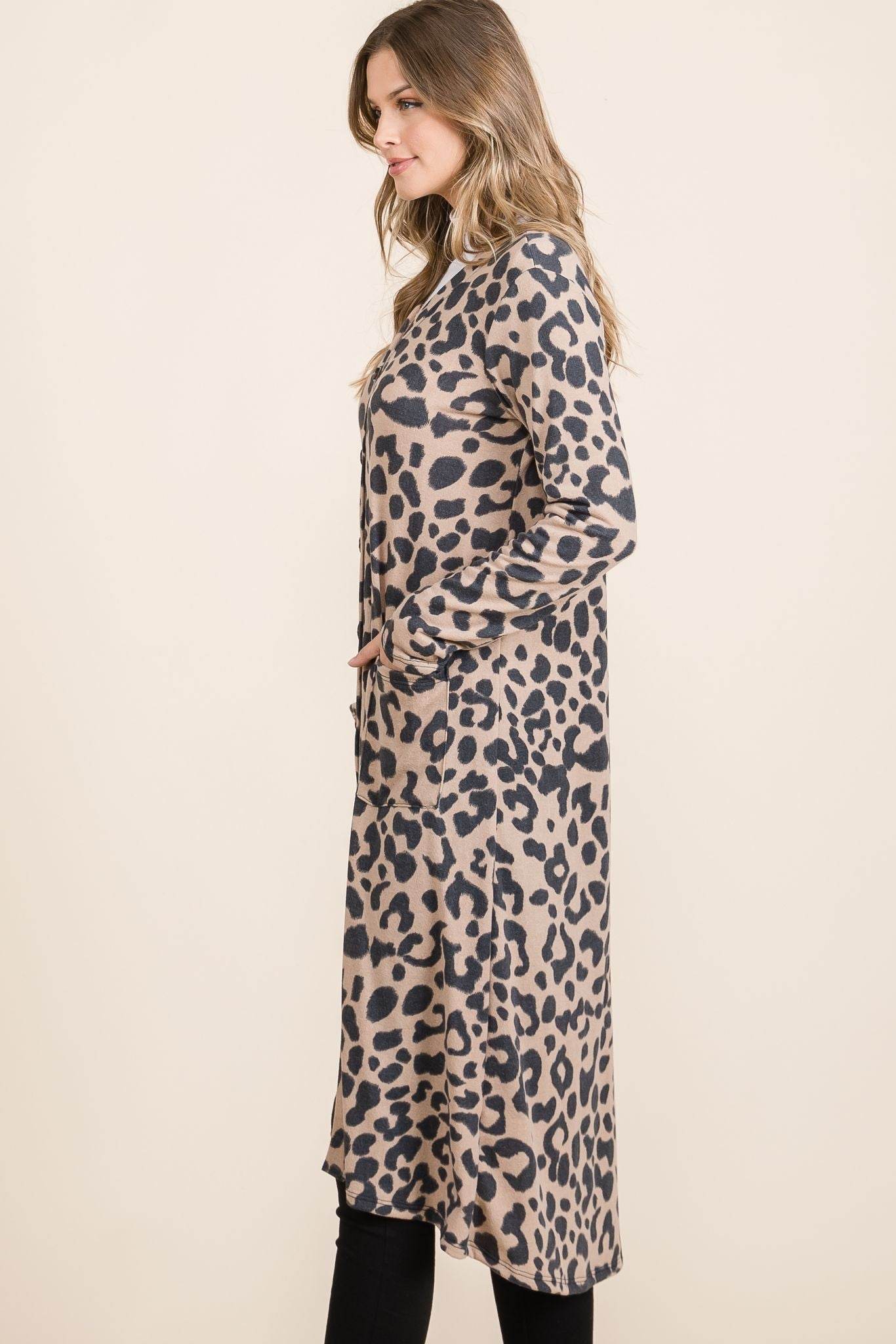 Celeste Full Size Leopard V-Neck Long Sleeve Cardigan - Hovatok