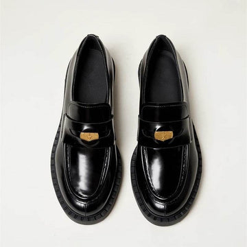 Round Toe Block Heel Loafers - Hovatok