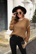 Angel Wings Round Neck Long Sleeve Waffle-Knit Sweater - Hovatok