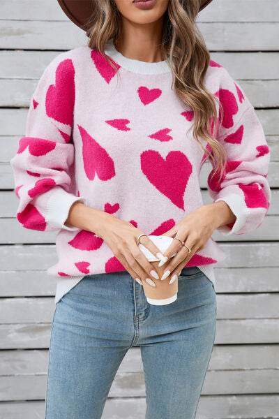 Angel Wings Heart Contrast Round Neck Long Sleeve Sweater - Hovatok