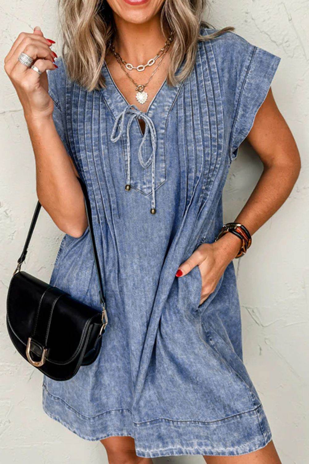 Tie V Neck Tucking Detail Short Sleeve Denim Dress - Hovatok