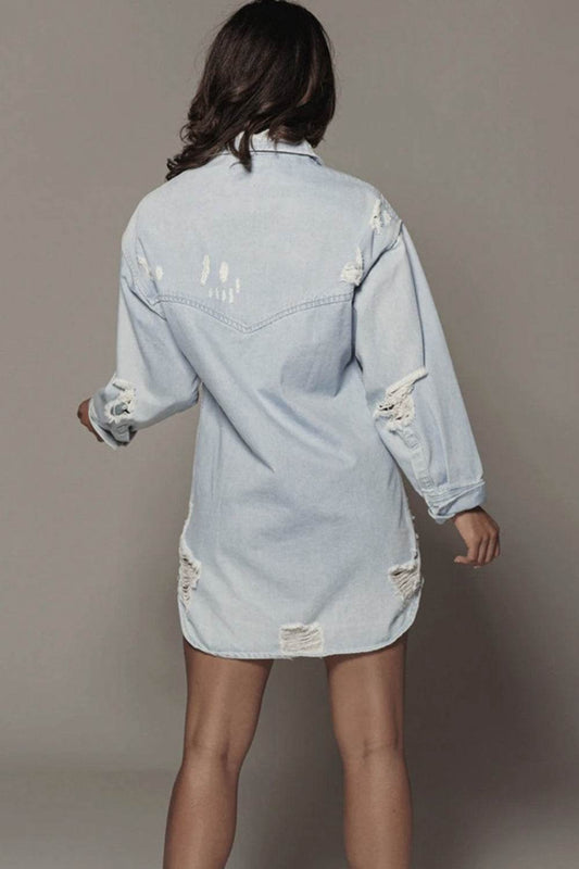 Distressed Long Sleeve Longline Denim Jacket - Hovatok