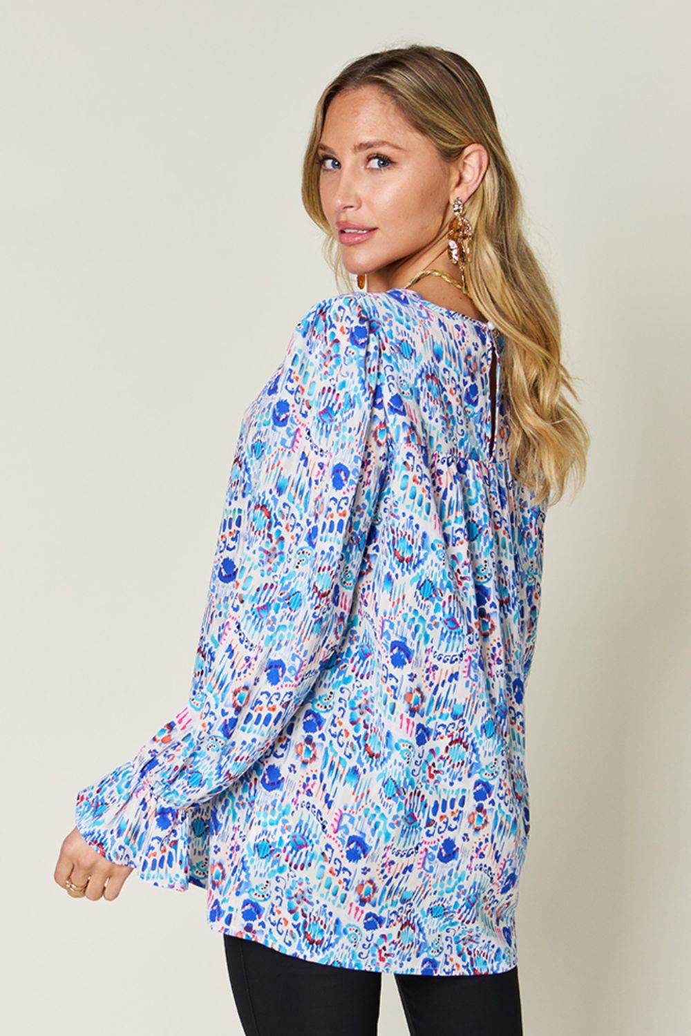 Double Take Full Size Printed Flounce Sleeve Blouse - Hovatok
