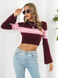 Ribbed Color Block Round Neck Cropped Sweater - Hovatok