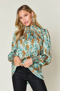 Double Take Full Size Printed Smocked Long Sleeve Blouse - Hovatok
