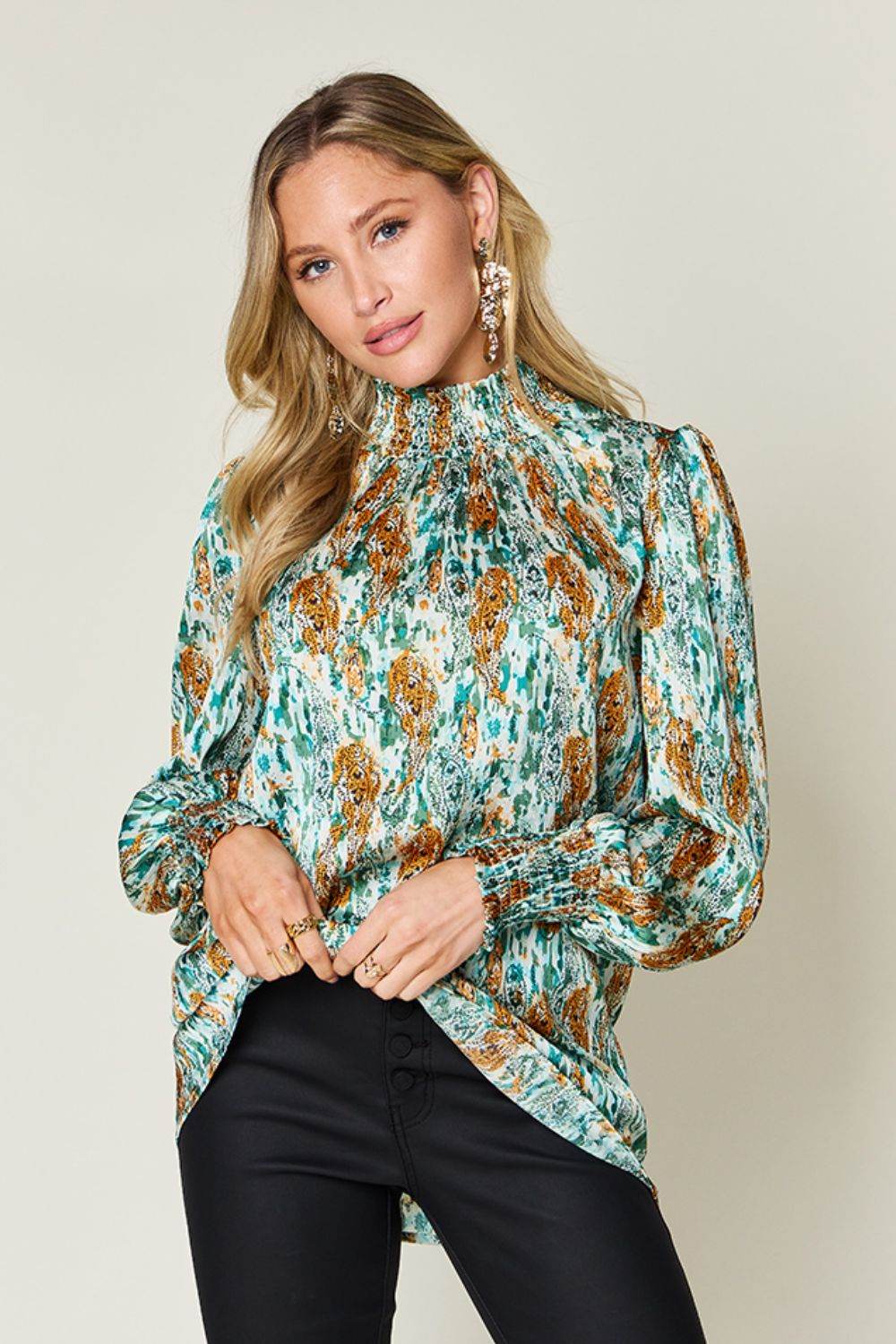 Double Take Full Size Printed Smocked Long Sleeve Blouse - Hovatok
