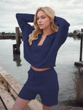 Johnny Collar Long Sleeve Top and Shorts Sweater Set - Hovatok